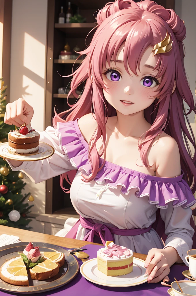 1 girl, Solo, , Lori, , Cute Girl,Best Quality, Ultra-detailed, 8K, High resolution,
lacus clyne, (purple eyes:1.1), hair ornament, long hair, wave hair ornament, pink hair,
tea time、Delicious Birthday Cake、Christmas Chicken、Off the shoulder