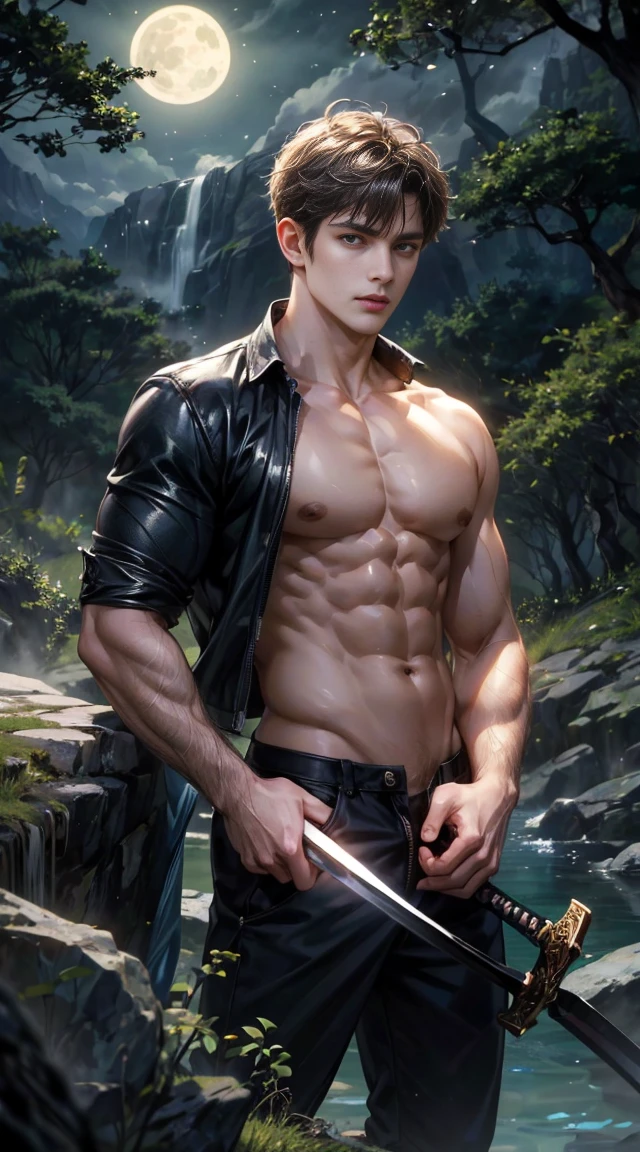 (best quality, masterpiece, highres:1.2), beautiful:1.5, shirtles, black short hair:1.5, under the moonlight in a deep forest, no one around, looking at the viewer,symmetrical eyes, at night, holding a sword in his hand, naked, handsome,  leaning against rock, exposed vagina