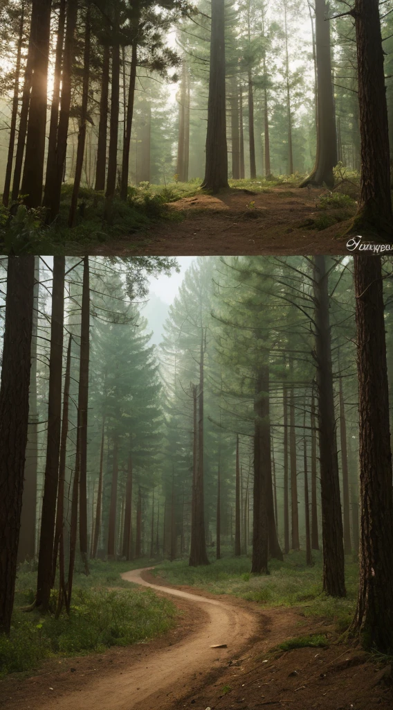 Valleys and mountains々Creating a desolate landscape of, Shrouded in a thick fog, Less sunshine, Has twisted trees and thick trunks, Undergrowth reminiscent of grass and grass, In a hyper-realistic landscape, In dead colors, 4K, Cinema Lighting, Natural light, Film Grain, Cinema Lighting, High detail, Photorealistic, Photorealisticistic, Volumetric lighting and shading