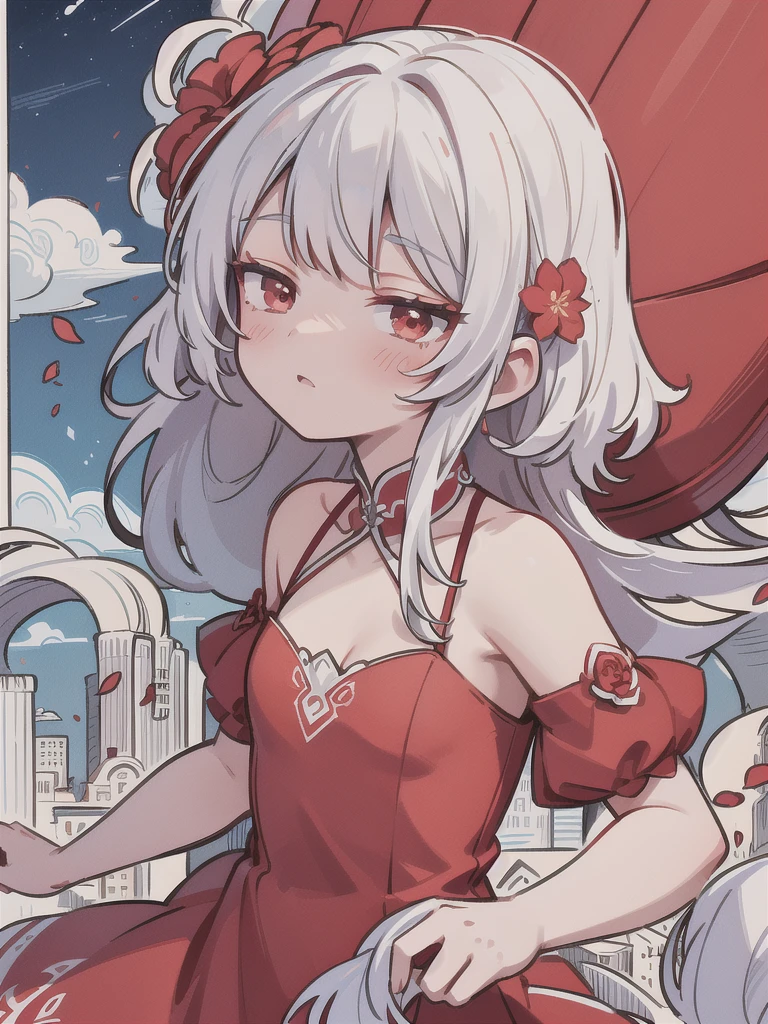 (One Woman:1.1), girl, Curl the inside of your hair, Silver Hair, Floating Hair, ((Red flower, Red dress:1.3)),Red eyes (beautiful, Fine grain), (Symmetrical eyes), (Enlarge and accentuate the eyes:1.1), Flat Chest (From the side), buildingの屋上, blue sky, cloud, night, beautiful sky, building, far, moonlight, (masterpiece:1), (shape), (Highest quality:1), (Best aesthetics), (beautiful art:1), (Very detailed:1), (8k), (High resolution), (Sharp focus), (complicated)