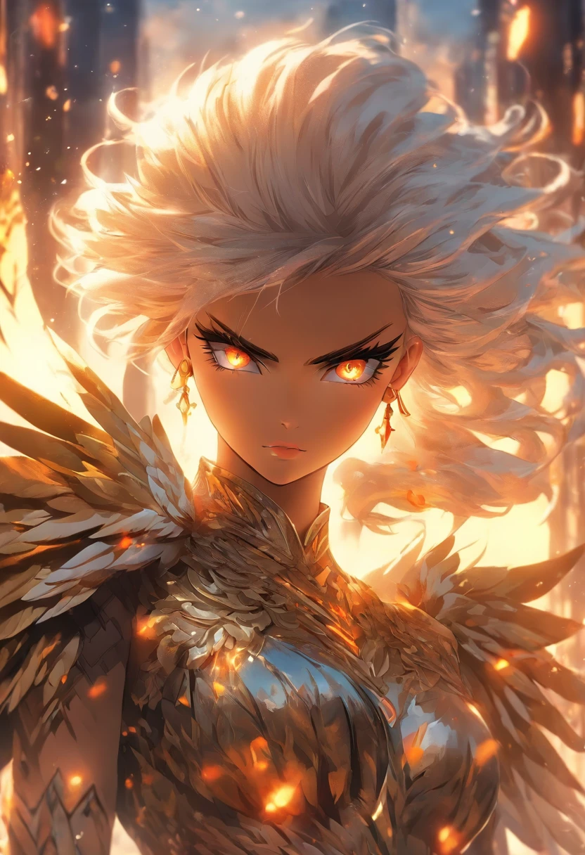 A Russian girl in her early 20s with ash grey hair, The most beautiful and  warlord goddess,  platinum white hair, glowing orange eyes, dark skin, highly detailed white spiked battle armor, golden angel wings, tattoos and piercings, flower pedals blowing in the wind, post apocalyptic winter world, perfect masterpiece, high quality, high resolution