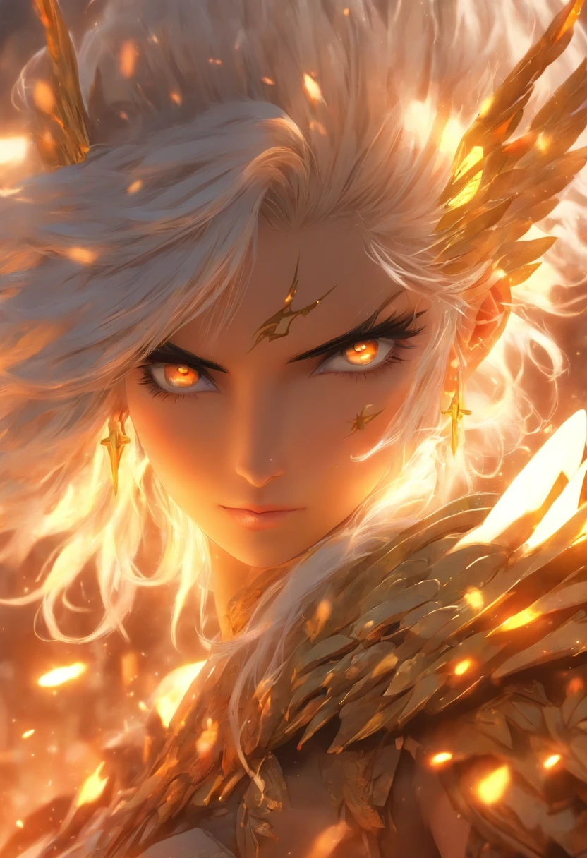 A Russian girl in her early 20s with ash grey hair, The most beautiful and sexy warlord goddess, platinum white hair, glowing orange eyes, dark skin, highly detailed white spiked battle armor, golden angel wings, tattoos and piercings, flower pedals blowing in the wind, post apocalyptic winter world, perfect masterpiece, high quality, high resolution