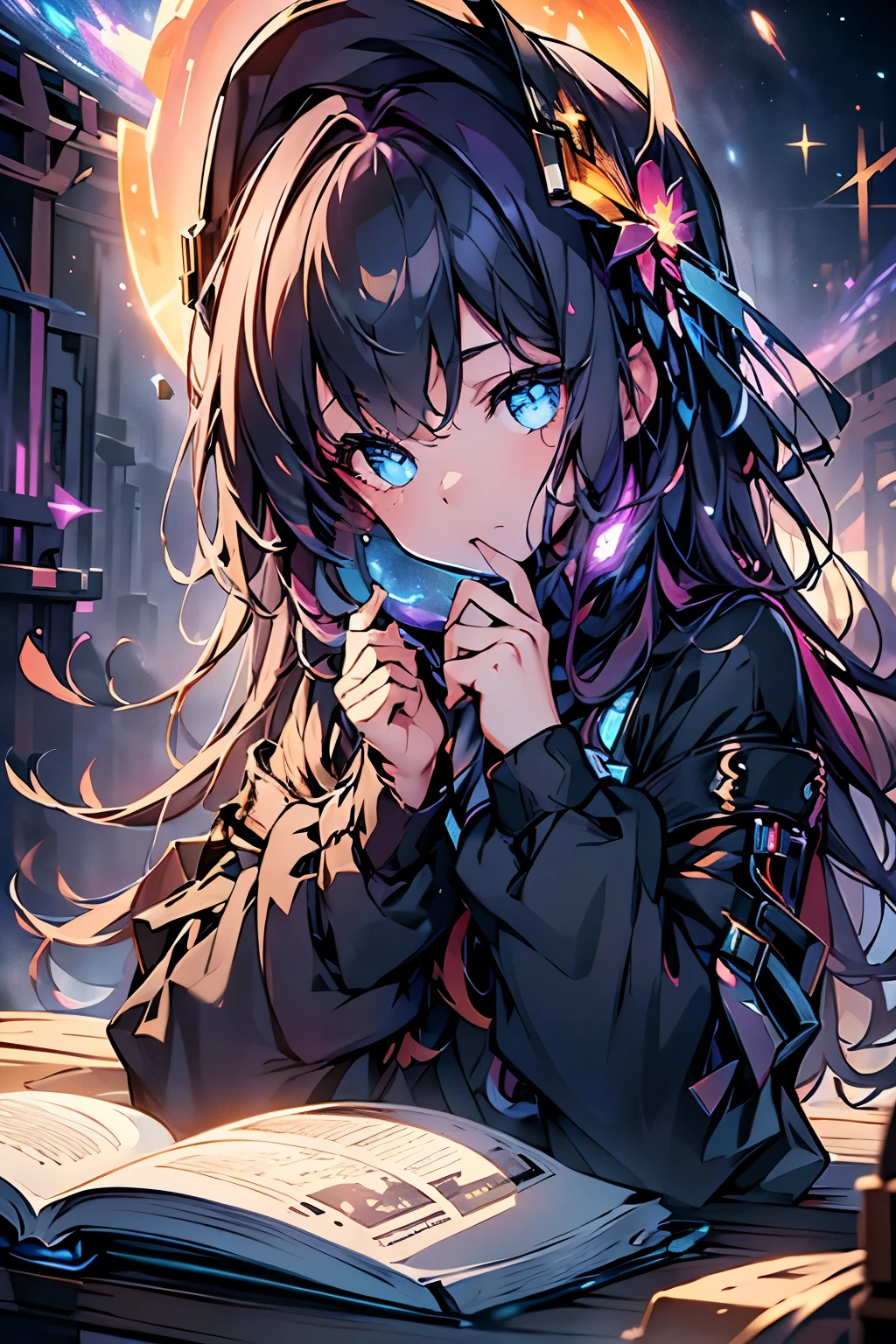 a little girl sitting in the stars reading a colored shining book, rainbow colored cosmic nebula sky, stars, galaxies, detailed face, beautiful eyes, detailed hair, glowing book, celestial, fantasy, dreamy, cinematic lighting, digital art, highly detailed, photorealistic, 8k, masterpiece