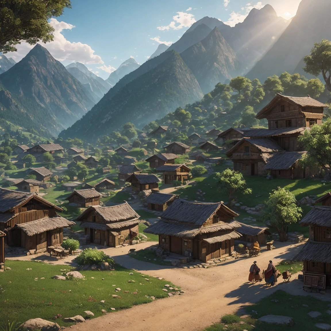 A beautiful village in mountain houses people selling items in market people roaming beautiful wind trees and grass leaves moving direction of wind, extremely small details like leaves on road small rocks and dust on streets, in 8k, 8k, 4k, Stylized realistic, cinematic lighting volumetric lighting, realistic lighting and shadows, Best Quality, masterpiece, Landscape Godrays, day Time