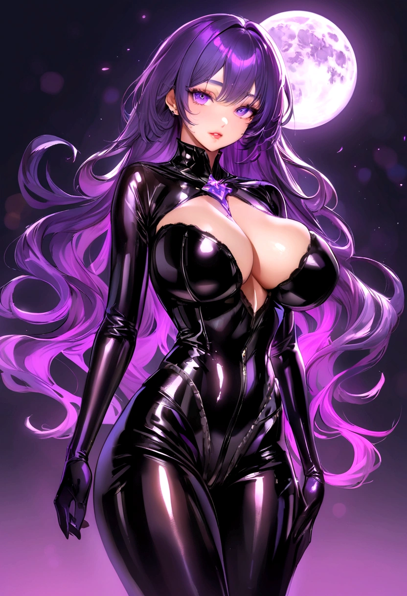 Create a digital artwork of a voluptuous female character with massive breasts in an anime-inspired style. The character should have long, flowing purple hair and large, expressive purple eyes. She should be wearing a tight, glossy black latex bodysuit that accentuates her curves. The art style should be a blend of anime and semi-realism, with: Smooth, detailed shading: Use gradients to create depth and volume in the character's form. Sharp, precise line work: Clean lines to define the character's features and outfit. Realistic lighting effects: Emphasize the reflective quality of the latex outfit with highlights and glossy reflections. Soft, ambient background: Set the scene in a nighttime environment with a full moon, cherry blossom trees, and lanterns. The background should have a soft, romantic glow with bokeh effects to enhance the dreamy atmosphere. Color vibrancy: Use rich, vibrant colors for the character and background to make the image pop. Ensure the character's expression is slightly open-mouthed, giving a seductive and confident look. The overall mood should be bold and captivating, with a high level of detail and polish in the final artwork.