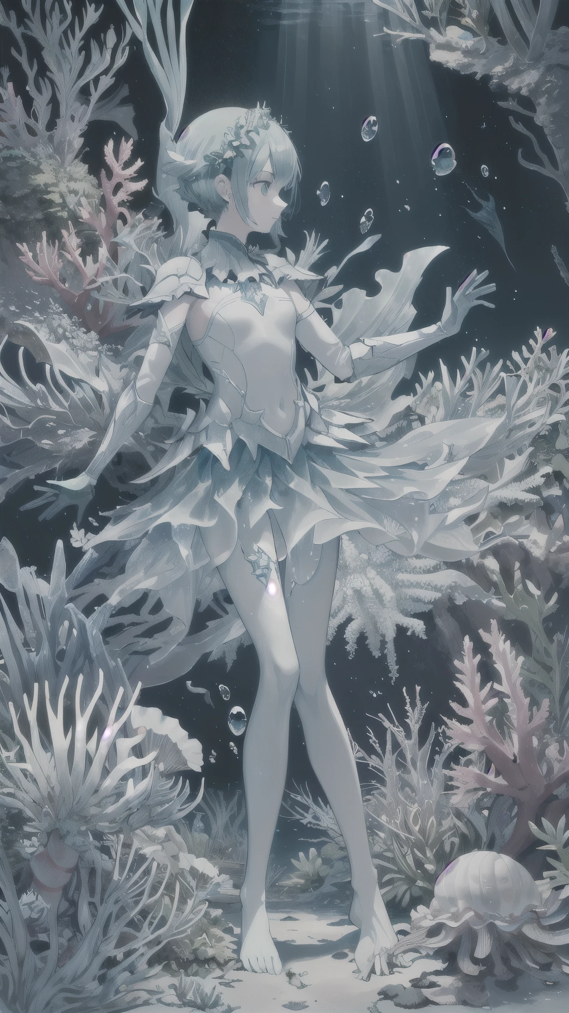 ((((1girl water, depths:1.0)), seaweed Crown, mollusk shell armor, green sea anemone extra appendages, transparent fins, decentralized body, Aquascend glows:high)), 1girl, calm, standing, soldier, fish-based headdress, trident, brooch, bright blue skin, glowing aquascend, fish scales, water, ocean floor, scavenger hunt, underwater exploration, ship wreckage, 2girls, 1girl, side profile, from above, (gloved hands), looking down, (standing on sandy bottom), ((initial, diving, (underwater lifeindent xxxx, mudtribesxxx), go))))