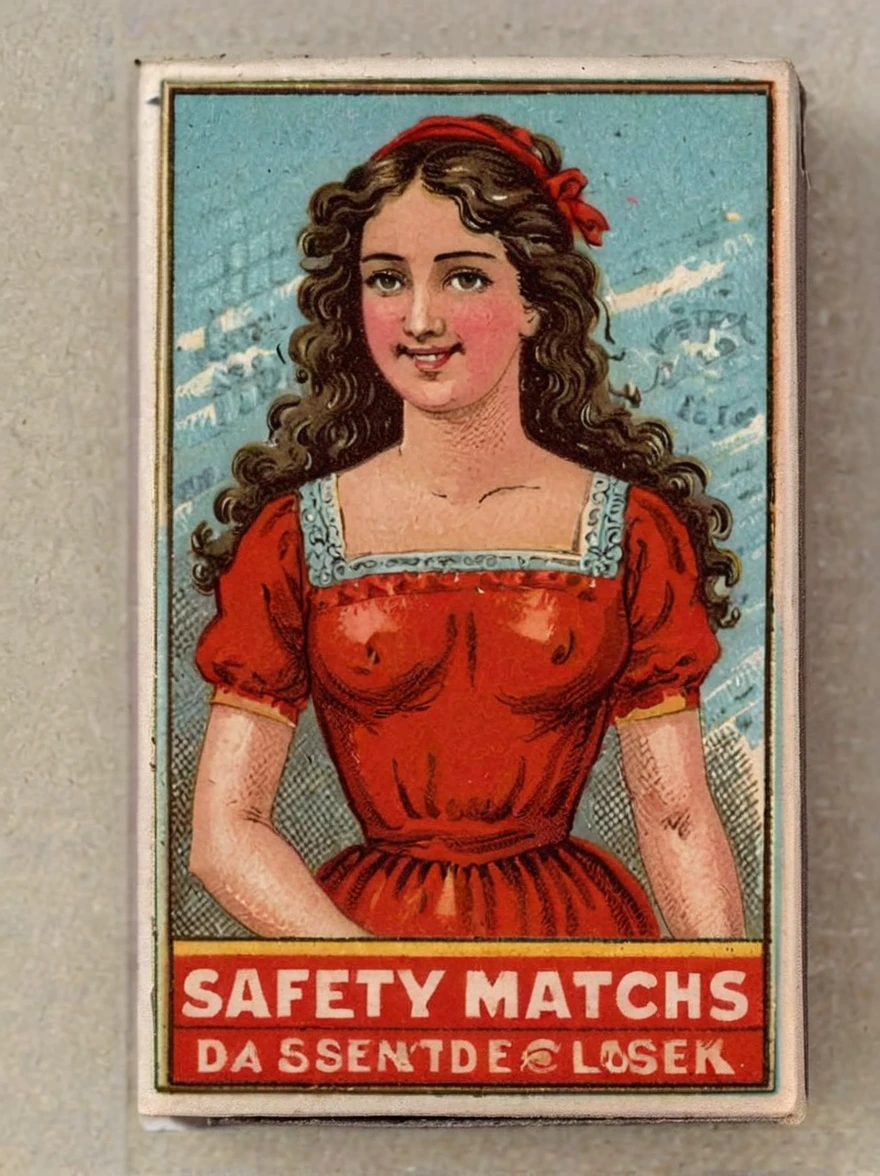 old safety matches, closed matchbox , detailed illustration of a brunette woman in a red dress, intricado