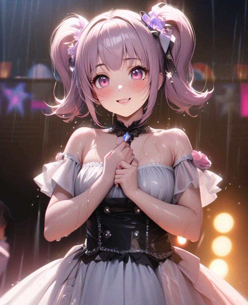One Girl、Looking at the audience、lovely,
Beautiful pink eyes、short twin tail hair , Mole under the eye、Plump and glossy lips、Heart-shaped choca、Idol、Her name is Rico,smile、ー、。.。.。.。.。.。.。.。.。.。.。.。.。.。.。.。.。.。.3D、Realistic、
The idol's costume was soaked in the heavy rain, and her chest was wet and transparent.Heavy rain at outdoor concert, Drape clothes、gem、The decoration has been removed、Floral、Lace trim,On a glittering stage、
masterpiece、highest quality、8k、Detailed skin texture、Detailed cloth texture、Beautifully detailed face、Intricate details、Very detailed、
超A high resolution、8k Ultra HD、Film Grain、Best Shadow、delicate、Gazing at the audience、front