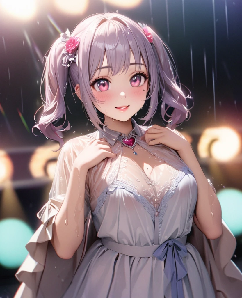 One Girl、Looking at the audience、lovely,
Beautiful pink eyes、short twin tail hair , Mole under the eye、Plump and glossy lips、Heart-shaped choca、Idol、Her name is Rico,smile、ー、。.。.。.。.。.。.。.。.。.。.。.。.。.。.。.。.。.。.3D、Realistic、
The idol's costume was soaked in the heavy rain, and her chest was wet and transparent.Heavy rain at outdoor concert, Drape clothes、gem、The decoration has been removed、Floral、Lace trim,On a glittering stage、
masterpiece、highest quality、8k、Detailed skin texture、Detailed cloth texture、Beautifully detailed face、Intricate details、Very detailed、
超A high resolution、8k Ultra HD、Film Grain、Best Shadow、delicate、Gazing at the audience、front