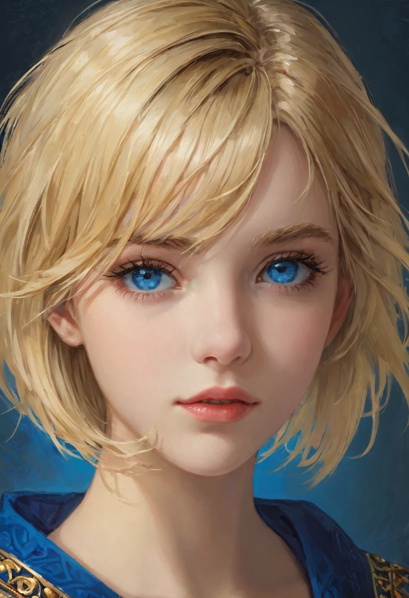 (masterpiece: 1.2, best quality), Practical, (Practical Picture, Intricate details, Depth of Field), best quality, masterpiece, Very detailed, Semi Practical, 1 girl, 21 years old, Blonde short hair, Left eye covered by hair, blue eyes, King&#39;s Clothes, Red cape, Slim body, A crown made of precious gold, Reading and marking files, quill, desk, Soft stool