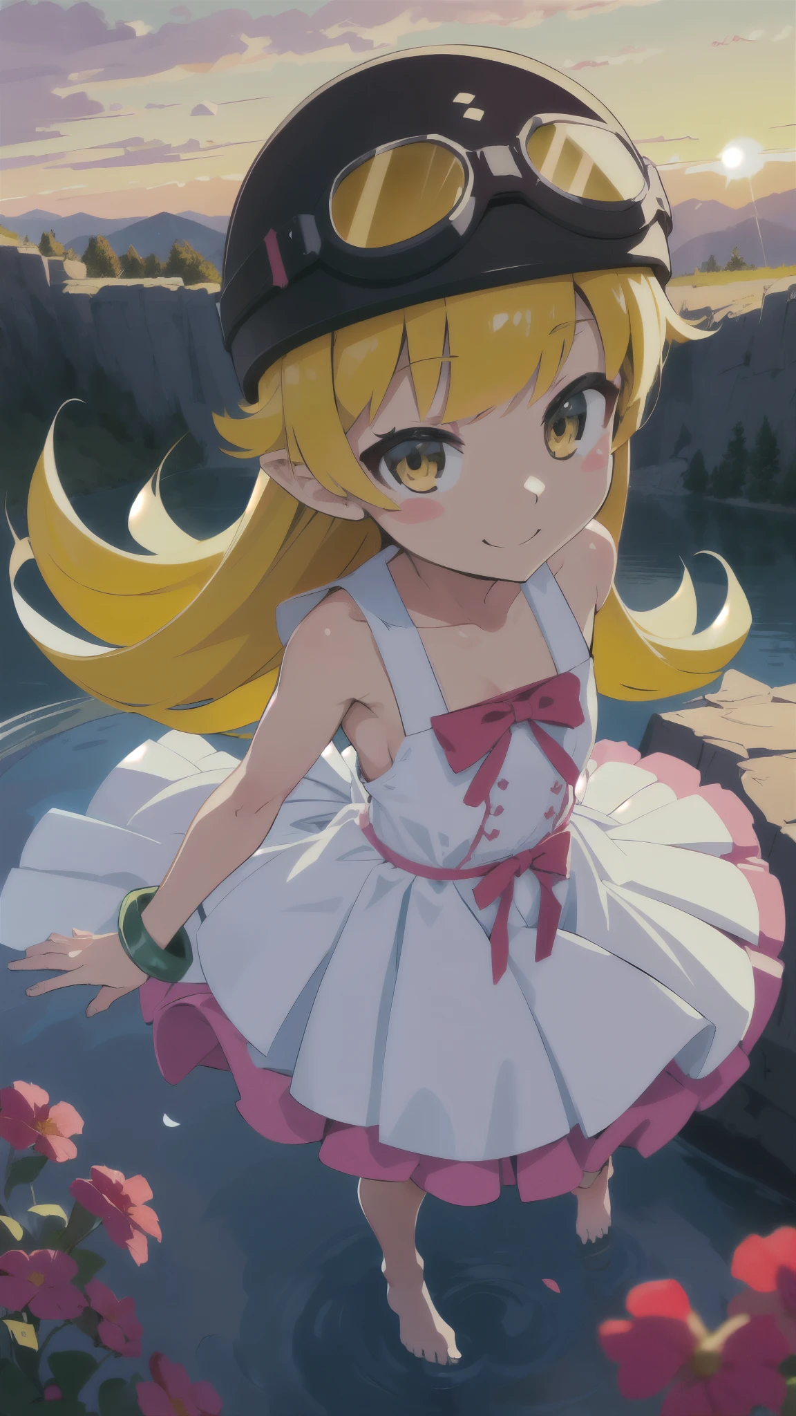 One girl, alone, woman, (Tolerate野_Tolerate),(bluponde) (bluponde_hair), (yellow_hair), ((lupong_hair)), ((前hair)), (yellow_eye), blush, pointed_ear, (blush_Stickers), flat_chest,
white_dress, bow, bracelet, Pause, barefoot, full_body, ((Helmet)), ((googles)), hand_upon_Own_head, 両handを広げて, Holding, smiling
global illuminatiupon, hdri, Scattered beneath the surface, masterpiece, 4K, Ray-tracing, beautiful, sharp, Smooth Skin, bloom, Anime Sunset, nature, Mountain々, cloud, Grass, Flowers, fire Fly