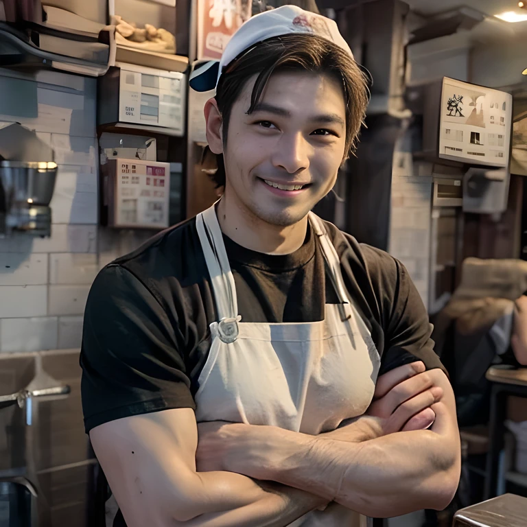 8K, ultra detailed, (realistic:1.2), masterpiece, 40yo, A man wearing a black T-shirt and a white bandana on his head, crossed arms, (smile:1.4),(fat, muscular:1.0), Ramen restaurant kitchen, standing