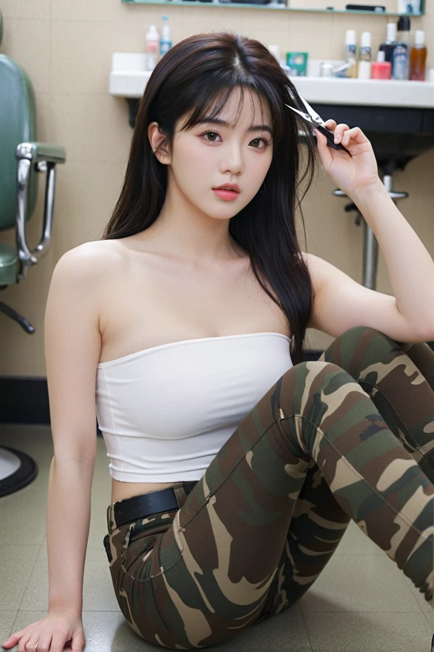 close-up of beautiful South Korean, Kwon Eunbi is a korean pop girl, youthful face, white skin body, perfect body, Jordan O'Neil female character is a G.I. Jane movie remake, shoulder hair, black hair, straight hair, thick flat bangs cut, bust size 36 inches, wearing a tight plain white strapless tube top, wearing a tight camouflage legging pants, I held my very long hair delicately, then I held the scissors in my right hand, then cut my hair and bangs using the scissor tool while sighing and sexy, strand after strand of O’Neil's hair fell, pieces of O’Neil's hair now filled the floor around where she was sitting, strand after strand of O’Neil's hair fell down, pieces of O’Neil's hair now filled the floor around where she was sitting, sexy looking pose, pose a naughty look, at a military barbershop, UHD
