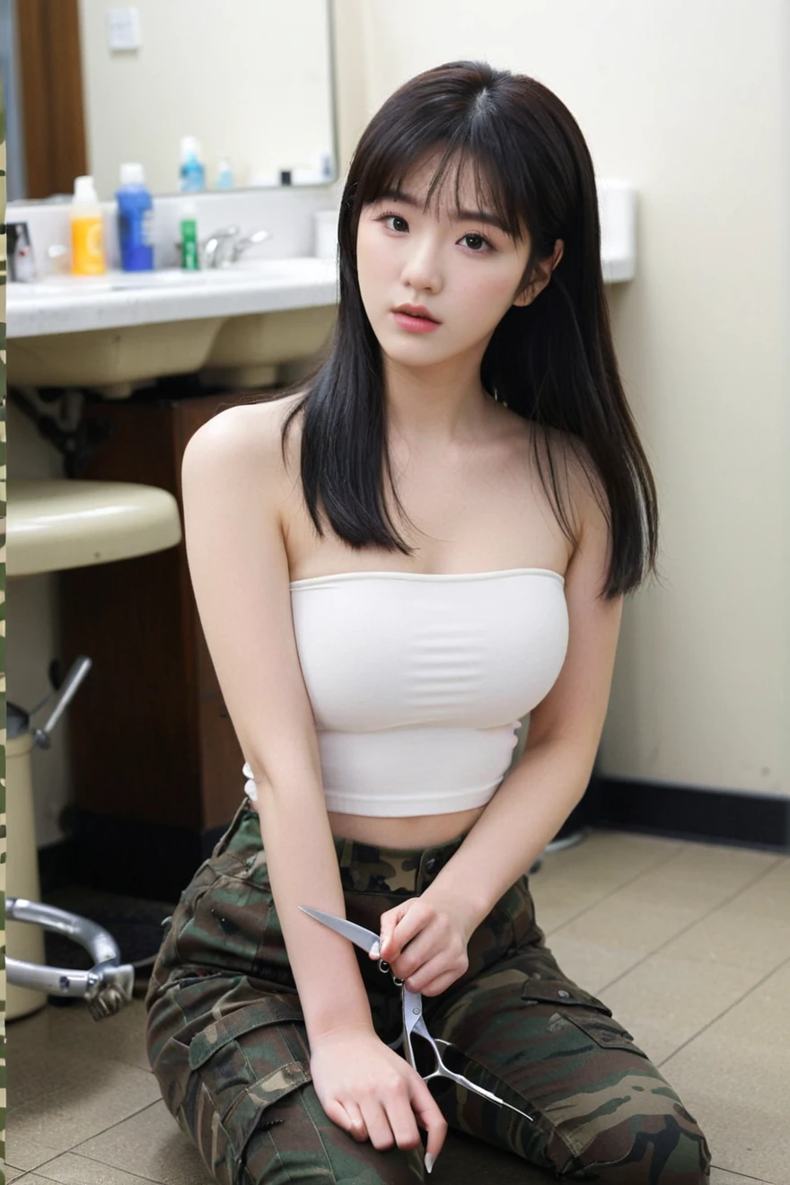 close-up of beautiful South Korean, Kwon Eunbi is a korean pop girl, youthful face, white skin body, perfect body, Jordan O'Neil female character is a G.I. Jane movie remake, shoulder hair, black hair, straight hair, thick flat bangs cut, bust size 36 inches, wearing a tight plain white strapless tube top, wearing a tight camouflage legging pants, I held my very long hair delicately, then I held the scissors in my right hand, then cut my hair and bangs using the scissor tool while sighing and sexy, strand after strand of O’Neil's hair fell, pieces of O’Neil's hair now filled the floor around where she was sitting, strand after strand of O’Neil's hair fell down, pieces of O’Neil's hair now filled the floor around where she was sitting, sexy looking pose, pose a naughty look, at a military barbershop, UHD