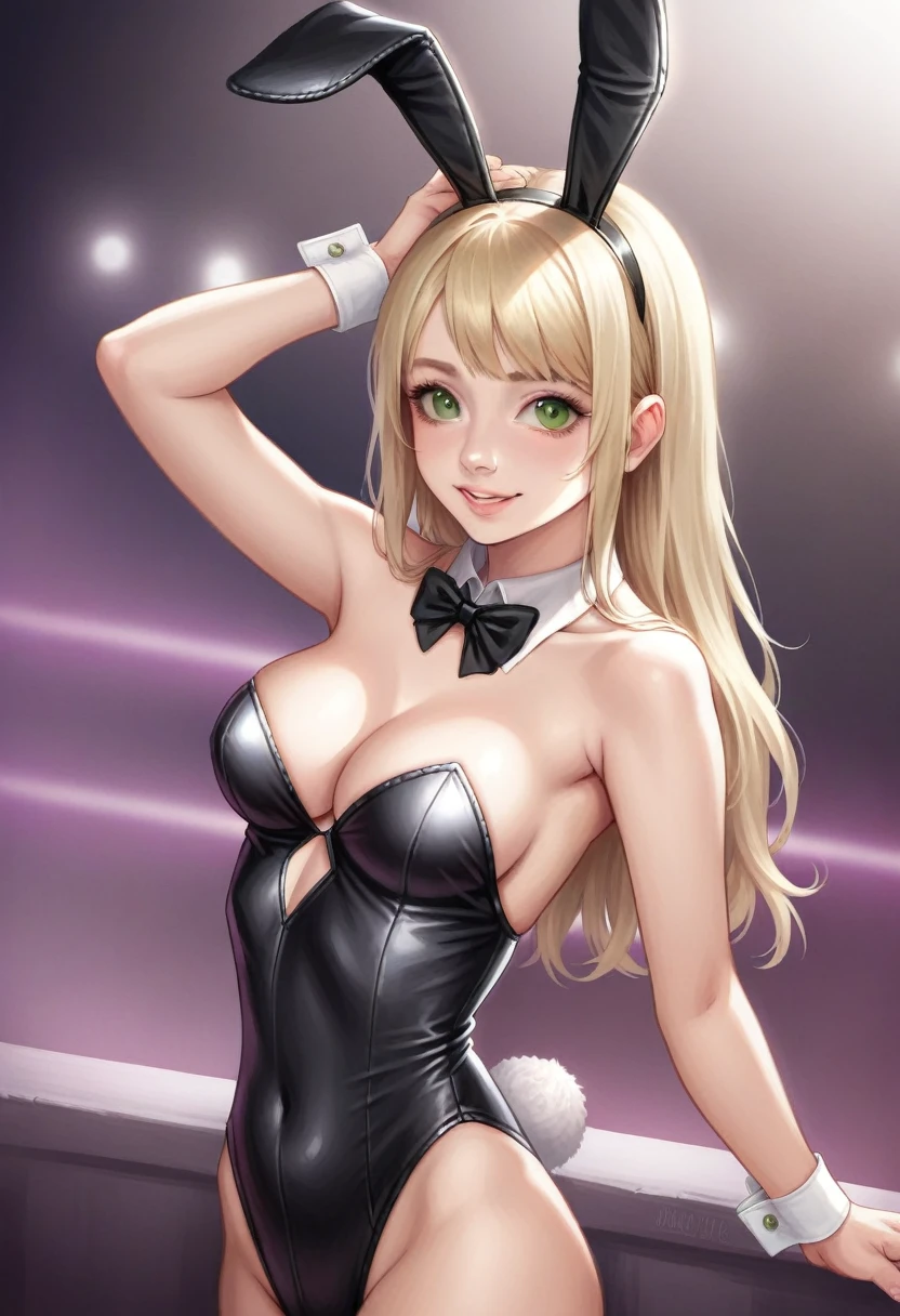 (portrait, realistic, professional Photography, Photorealistic, RAW, 8k, HD, DSLR, high quality,award winning, masterpiece),(1girl,10 yrs old, girl,cute girl),(long blonde hair,detailed hair),(green eyes,detailed eyes),(gentle smile,smiling),(cute face,beautiful face,delicate face),(Full body view,high detailed skin, skin pores, perfect body), (facing the camera,looking at camera),(open legs pose),((wearing black bunny costume:1.5,black rabbit ear headband,black leotard, see-through leotard, playboy bunny,Bunny ears,rabbit tail, A bow tie)),(in a strip club, strip club lights)