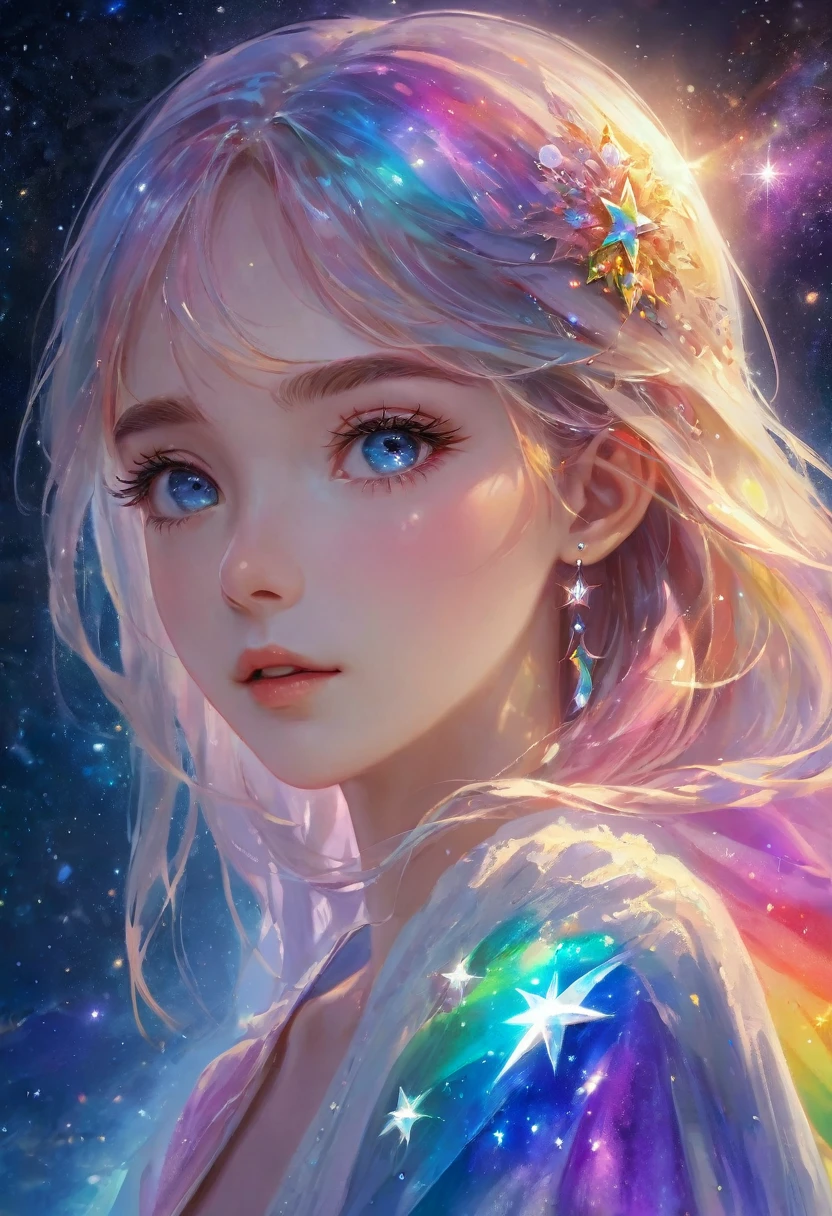 masterpiece, Amazing girl, Cute girl, Break, Gorgeous evening dress, High detail eyes, Perfect eyes, High detail face, The same vision, glare, Rainbow Colors, Global Illumination, Soft Light, Light of Dreams, number, 8K Close-up, fantasy, Night Sky, Star, nebula, White crystal, moonlight, peaceful, summer, (8K:1.1)
