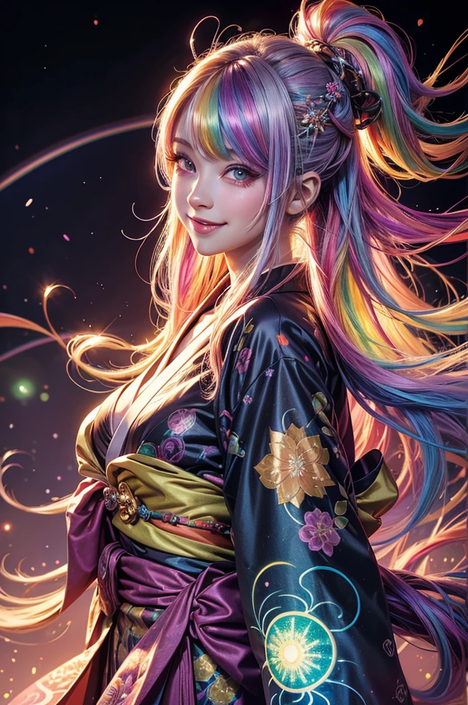 A girl with long rainbow hair, glowing rainbow eyes and an adorable smile wearing kimono, detailed anime style, fantasy illustration art, shiny glossy colorful lighting, glittery skin, glowing neon color palette, cute face