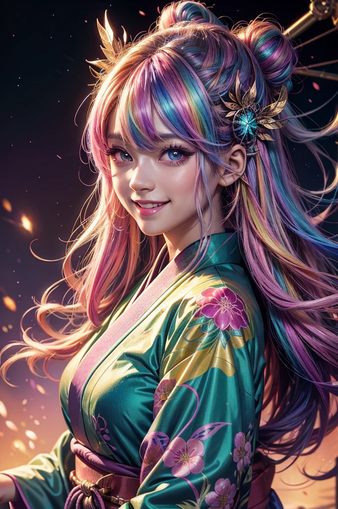 A girl with long rainbow hair, glowing rainbow eyes and an adorable smile wearing kimono, detailed anime style, fantasy illustration art, shiny glossy colorful lighting, glittery skin, glowing neon color palette, cute face