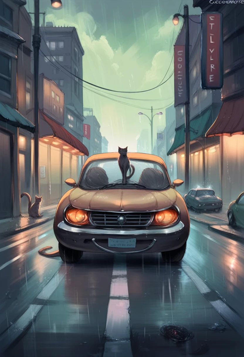 cutesexyrobutts style, no_humans, cat, animal_focus, animal, rain, hat, necktie, outdoors, black_necktie, car, signature, motor_vehicle, artist_name, blurry, street, blurry_background, looking_at_viewer, ground_vehicle, road, solo, whiskers