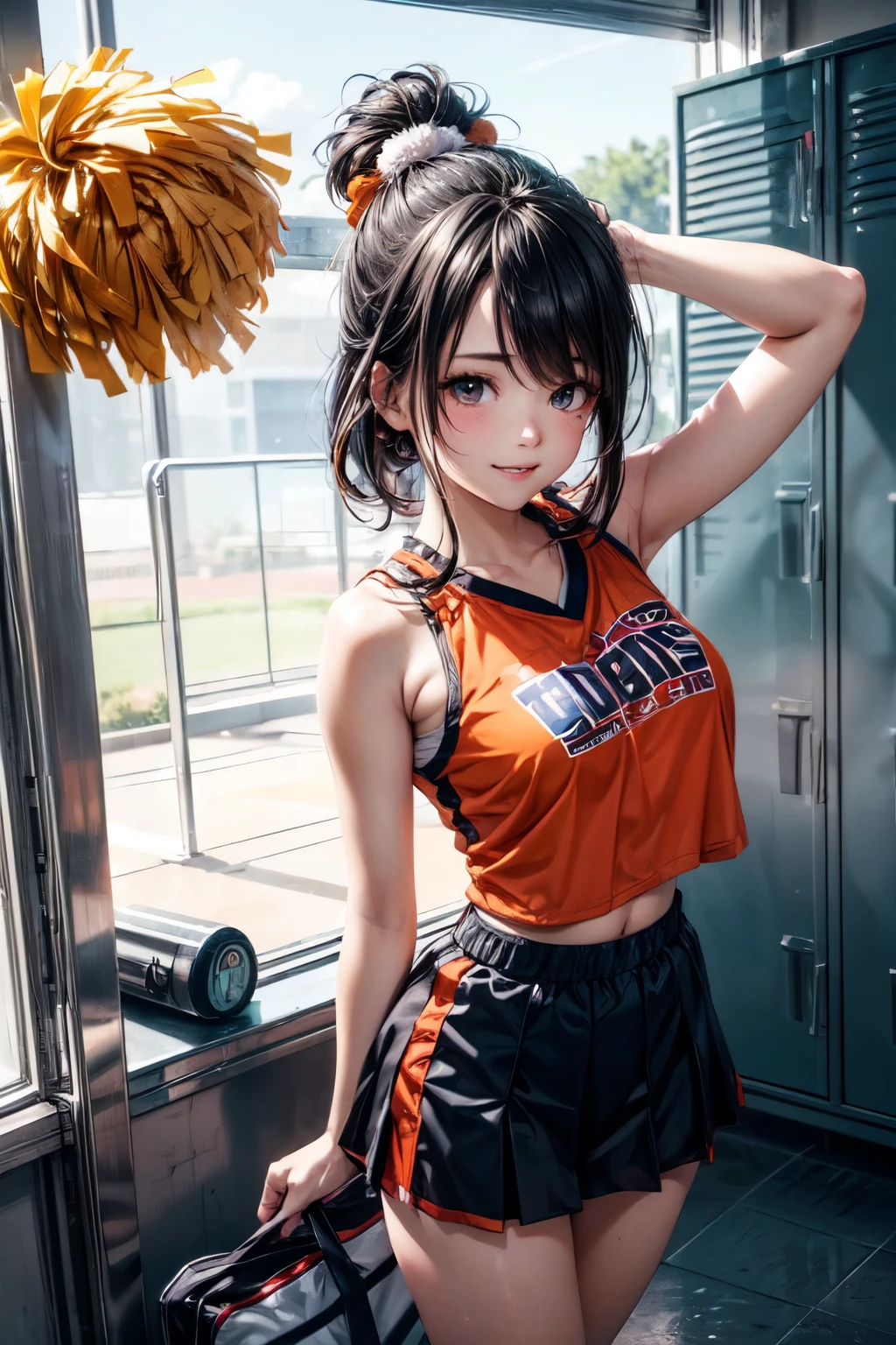 very cute and beautiful cheerleader girl,(highly detailed beautiful face and eyes),(holding pom poms:1.1),(smile:1.3),happy, locker room in training gym,cowboy shot,dynamic pose,(sleeveless orange cheerleader shirt),beautiful legs, looking at viewer,black hair,hair band, (best quality,masterpiece),absurdres,highres,ultra-detailed,extremely detailed,32k,8k resolution, intricate details,cinematic scene,detailed background,solo,dynamic angle, hair fluttering in the wind,beautiful detailed sky,