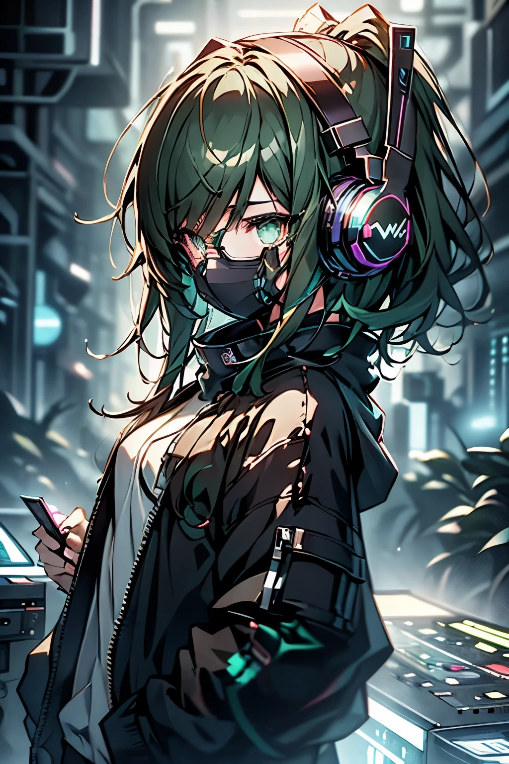 anime, deejaying girl, dj, dj girl, headphones, rave, (highest picture quality),masterpiece,best quality,extremely detailed CG wallpaper, ultra_detailed,(Cinematic Lighting:1.1), (cold face), green eyes, 1girl, solo, dark-green_hair, short_hair, masterpiece, best quality, glasses