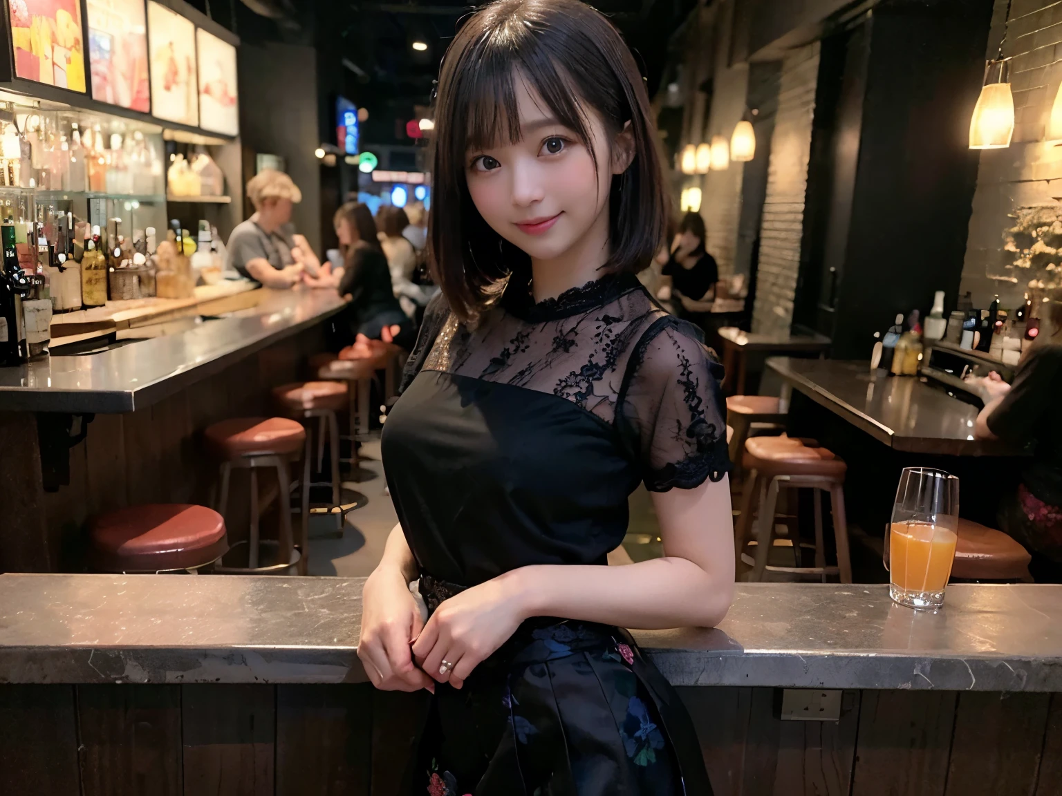 (Highest quality, masterpiece, Ultra-high resolution, 8k, RAW Photos, Realistic, Anatomically correct:1.5), (Stainless steel round bar fence:1.0,  Put your elbow on the fence:1.2, Short Bob Cut, 20-year-old girl:1.2, Embarrassing, avert your eyes, blush:1.0,  View Viewer, ((bar)) 、Night view、 Light:1.2,  Bokeh, Cinema Lighting:1.0, Depth of written boundary, sharp、 Cute face、Idol、Black short sleeve lace top、Black tulle skirt、Black clothing、”dwarf”、(Floral clothes)、Full Body Shot、Cowboy Shot、 smile,