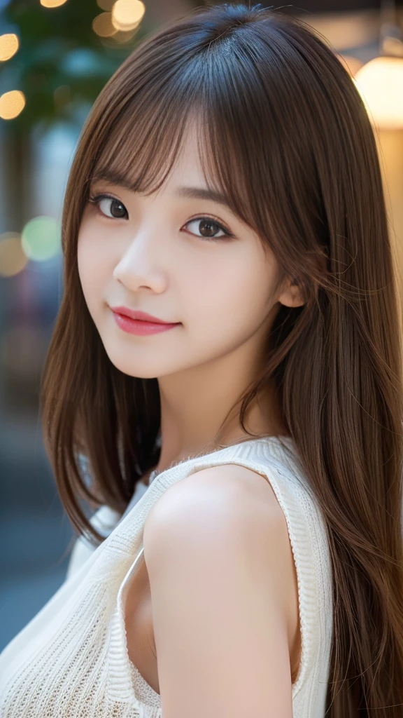 ​masterpiece、1 beautiful girl、A detailed eye、Puffy eyes、top-quality, 超A high resolution, (Realisticity: 1.4), cinematlic lighting、japanes、Asian Beauty、Super beauty、Beautiful skin、A slender、body facing forward、(A hyper-realistic)、(hight resolution)、(8K)、(ighly detailed)、(beautifully detailed eyes)、(ultra-detailliert)、 (wall-)、(Natural smile）、A detailed face、Bright lighting、profetional lighting、looking at viewert、Facing straight ahead、(The costume is a knit dress)、Long hair, hair messy, asymmetrical bangs, 、nighttime scene、Brown hair、Japan idle、Korean Idol、hposing Gravure Idol、、age19、tall,