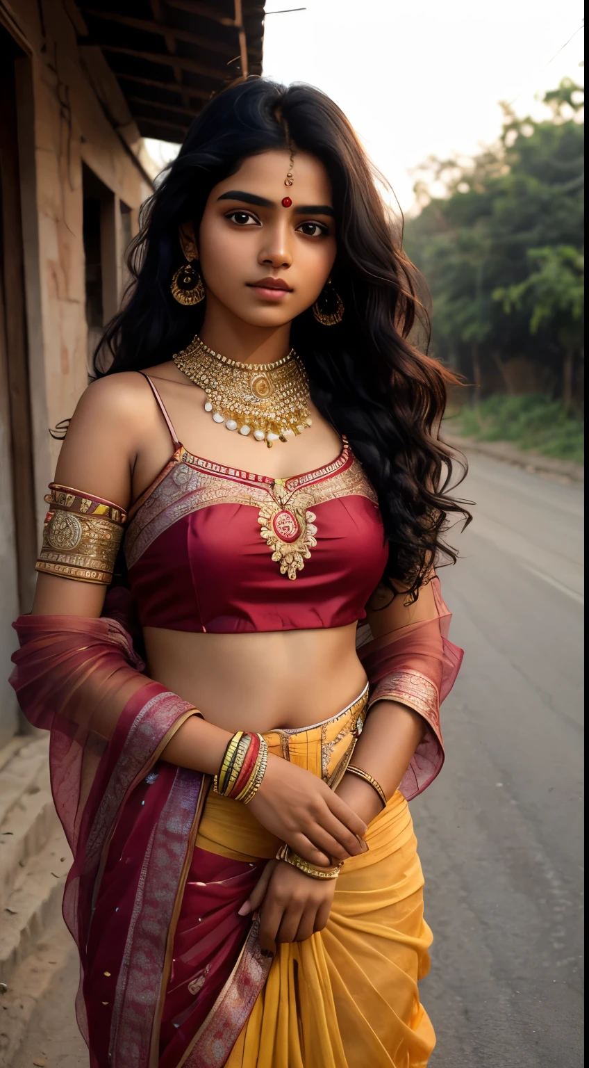 Photo of a 18-year-old Indian girl, raw, Exceptional beauty, (Long, wavy, sun-kissed black hair), intricate facial details, flawless complexion, full body picture, embodying a village girl vibe, dressed in a transparent silk cloth, village mood, old clothes, giving off an ethereal atmosphere, shot on an Indian road. Top-notch 3D rendering, hyper-realistic, photorealistic digital art trending on Artstation 8k HD high definition detailed realistic, detailed, skin texture, hyper detailed, realistic skin texture, armature, best quality, ultra high resolution, (photorealistic:1.4),