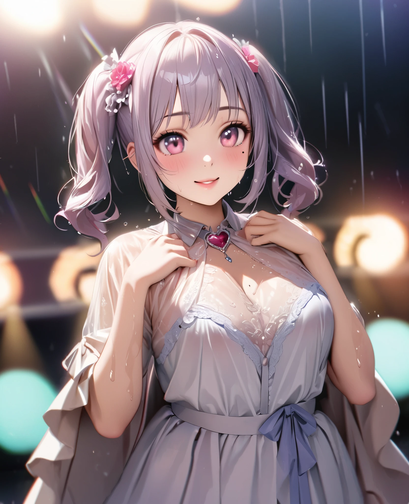 One Girl、Looking at the audience、lovely,
Beautiful pink eyes、short twin tail hair , Mole under the eye、Plump and glossy lips、Heart-shaped choca、Idol、Her name is Rico,smile、ー、。.。.。.。.。.。.。.。.。.。.。.。.。.。.。.。.。.。.3D、Realistic、
The idol's costume was soaked in the heavy rain, and her chest was wet and transparent.Heavy rain at outdoor concert, Drape clothes、gem、The decoration has been removed、Floral、Lace trim,On a glittering stage、
masterpiece、highest quality、8k、Detailed skin texture、Detailed cloth texture、Beautifully detailed face、Intricate details、Very detailed、
超A high resolution、8k Ultra HD、Film Grain、Best Shadow、delicate、Gazing at the audience、front