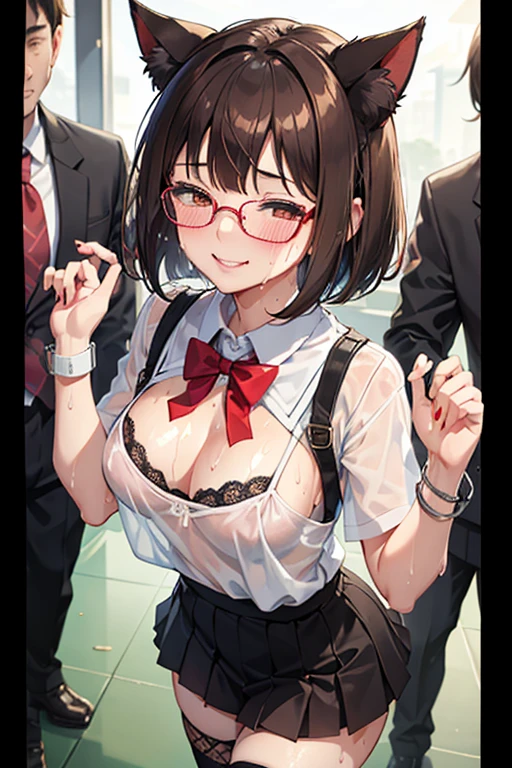 18 yeas old, girl, brown hair, bob cut, Straight bangs, slim, big tits, narrow red eyes, cute, cat ears, glasses,
(embarrassed, blush:1), (ecstasy:0.6), (think:1.8), (smile:1.5), (sweat:1.6), school sailor uniform, no bra, braless, see-through shirt, ribbon-trimmed, fishnet, frills, Kneesocks, rose, headdress, loafers,
handcuffs, frontal, center of attention, class room, crowd, walk,