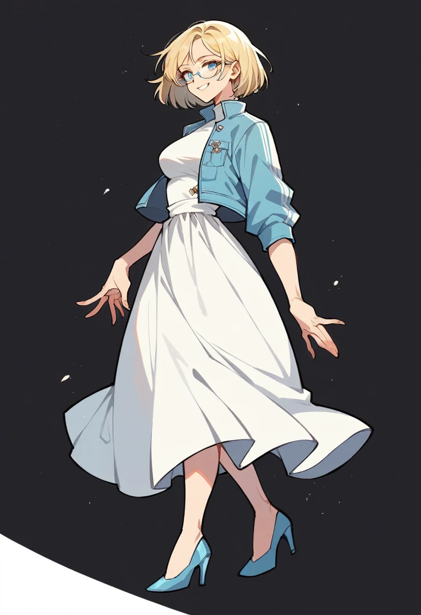 beautiful woman, solo, full-bodied, standing, medium bob cut blonde hair, light blue eyes, two points glasses, medium breasts, blue opened jacket, white blouse, white long flare skirt, blue high heels, soft smile, perfect hands with 5 fingers, black background, no background