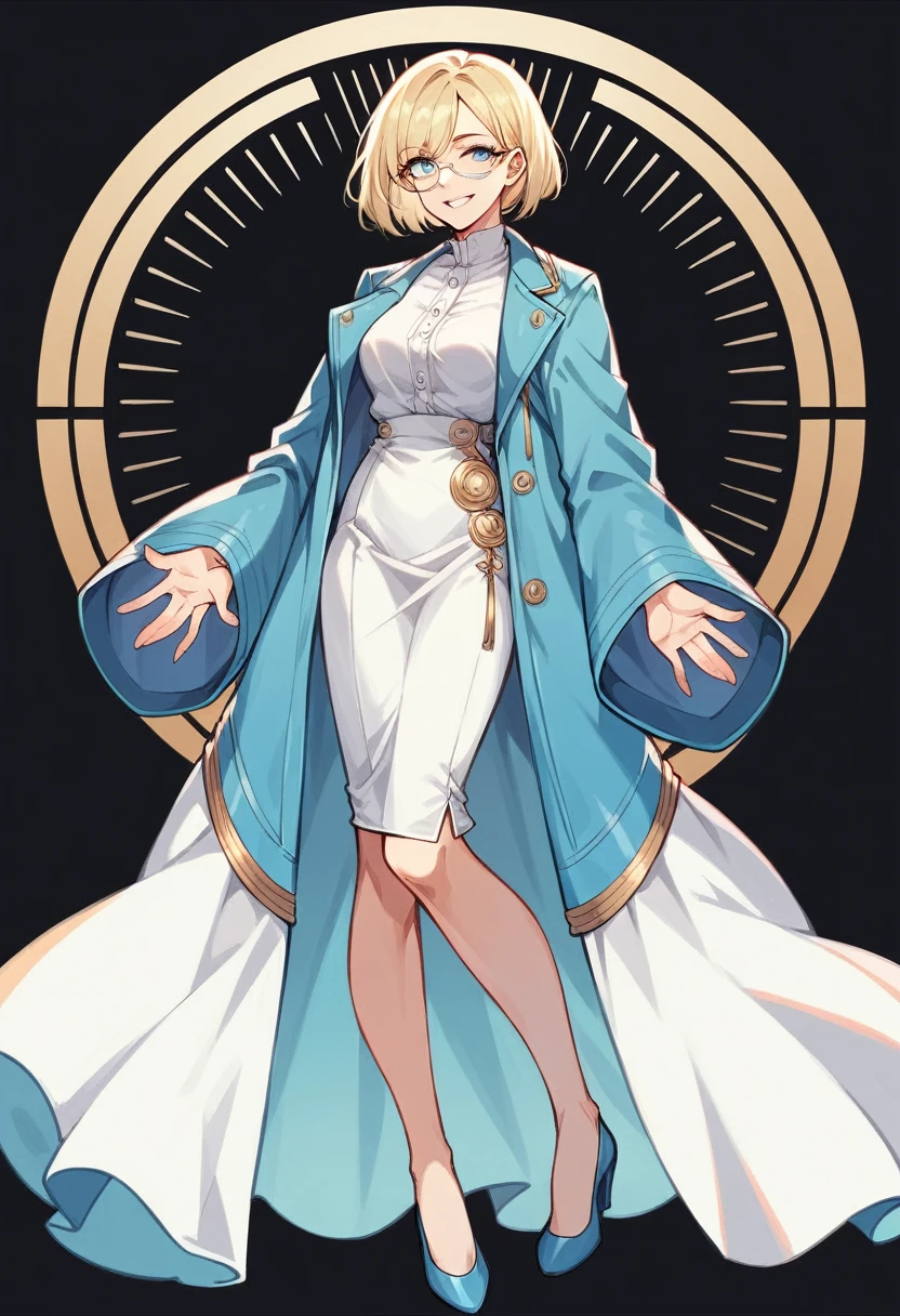 beautiful woman, solo, full-bodied, standing, medium bob cut blonde hair, light blue eyes, two points glasses, medium breasts, blue opened jacket, white blouse, white long flare skirt, blue high heels, soft smile, perfect hands with 5 fingers, black background, no background