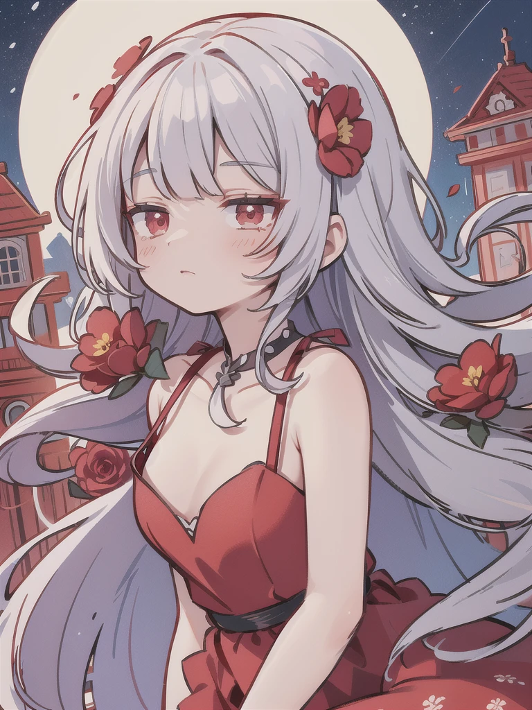(One Woman:1.1), girl, Curl the inside of your hair, Silver Hair, Floating Hair, ((Red flower, Red dress:1.3)),Red eyes (beautiful, Fine grain), (Symmetrical eyes), (Enlarge and accentuate the eyes:1.1), Flat Chest (From the side), buildingの屋上, blue sky, cloud, night, beautiful sky, building, far, moonlight, (masterpiece:1), (shape), (Highest quality:1), (Best aesthetics), (beautiful art:1), (Very detailed:1), (8k), (High resolution), (Sharp focus), (complicated)