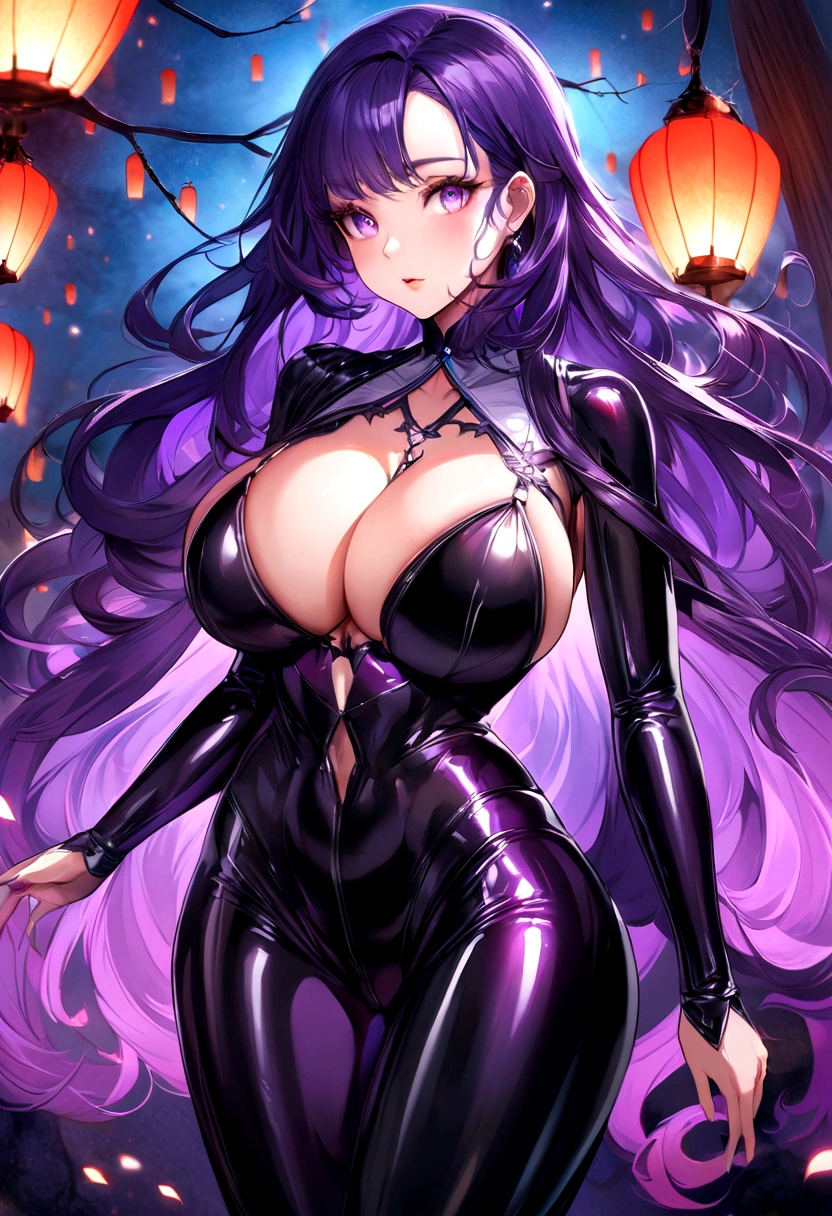 Create a digital artwork of a voluptuous female character with massive breasts in an anime-inspired style. The character should have long, flowing purple hair and large, expressive purple eyes. She should be wearing a blacl bra that accentuates her curves. The art style should be a blend of anime and semi-realism, with: Smooth, detailed shading: Use gradients to create depth and volume in the character's form. Sharp, precise line work: Clean lines to define the character's features and outfit. Realistic lighting effects: Emphasize the reflective quality of the latex outfit with highlights and glossy reflections. Soft, ambient background: Set the scene in a nighttime environment with a full moon, cherry blossom trees, and lanterns. The background should have a soft, romantic glow with bokeh effects to enhance the dreamy atmosphere. Color vibrancy: Use rich, vibrant colors for the character and background to make the image pop. Ensure the character's expression is slightly open-mouthed, giving a seductive and confident look. The overall mood should be bold and captivating, with a high level of detail and polish in the final artwork. Focus on the upper half of the character, its head and breasts, close up on them