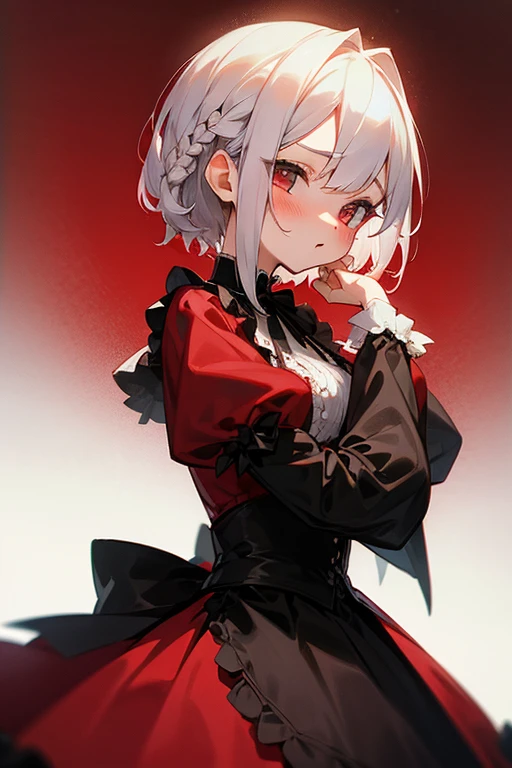 Short white hair, blush, Headbang 2.、cute、Beautiful woman、Stylish Gothic Lolita、Red clothes、Braiding、Background Paris、