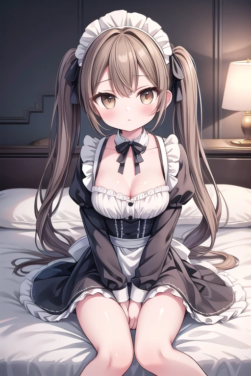 Solo Girl, -yeld,, ntails Hair, light brown hair, Brown eyes, Mid-chest, highest quality, High resolution, Very detailed, Detailed Background, Perfect lighting、Sitting on the bed with legs spread、Extreme maid outfit、very cute,middle breasts,cute eyes,puffy eyes,