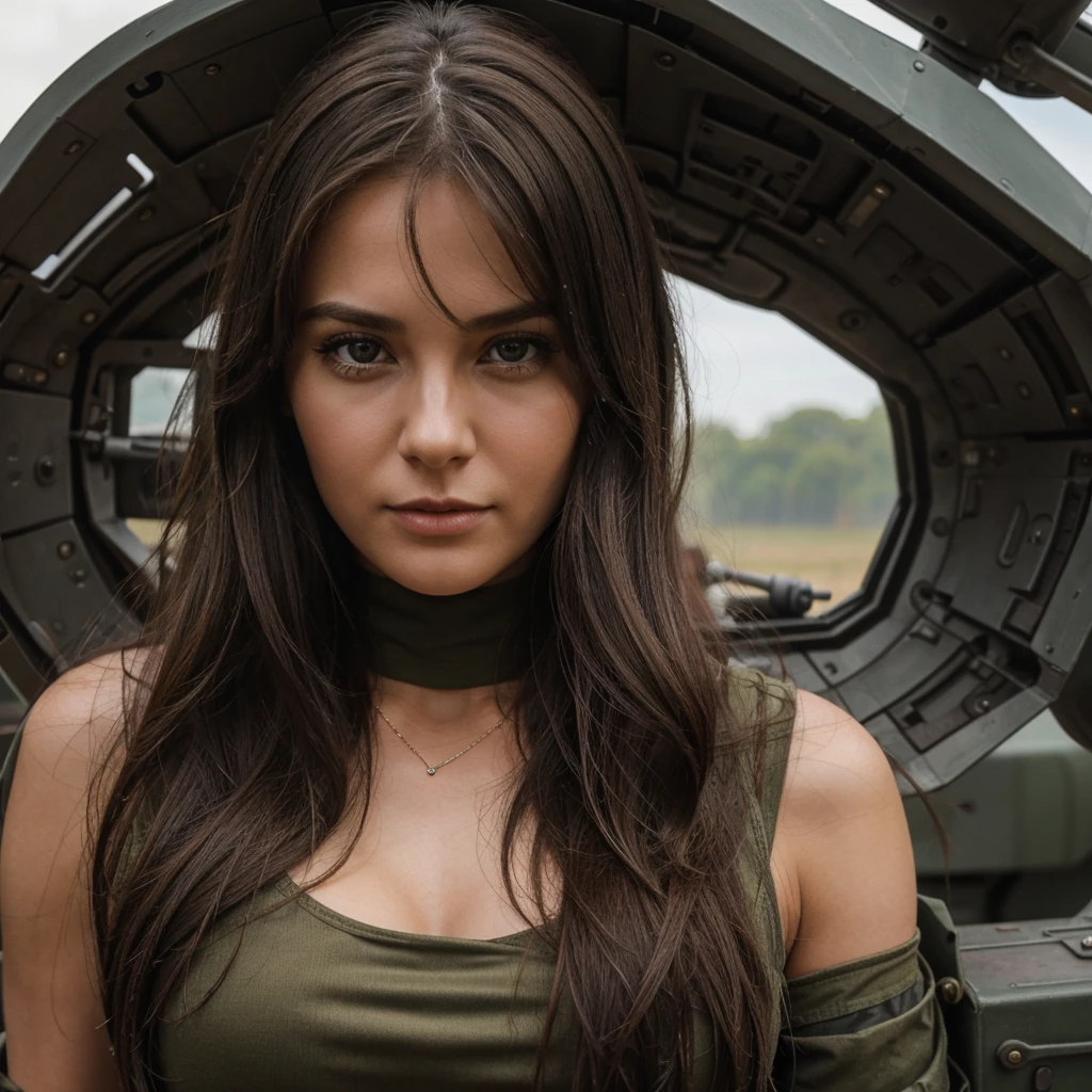1girl in, 30 years old, Square face, Long hair, Looking at viewer, jewelry, Realistic, Sexy, military combat outfit, military weapon background tank-plane-cannon-gun, pose for everyone