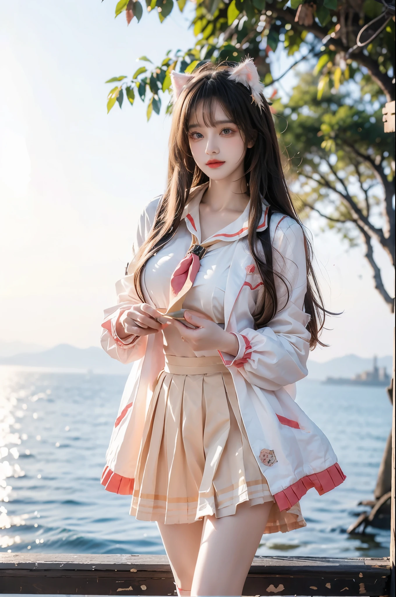 diana cosplay costume, animal ears, long jacket, bow, hair ornament, serafuku, neckerchief, long sleeves, socks, shoes, Beauty, beautiful女人，Have a perfect body：1.4，Layered Hairstyle，((Big breasts)), ((D cup)), Visible cleavage，Bare shoulders, Highly detailed face and skin texture，Double eyelids，Skin Whitening，Long hair，Whitening long legs，Standing by the sea, Fashion girl, Red lips, Sweet maiden, beautiful妆容, detail, lifelike, Very detailed, amazing, beautiful, Young and energetic, high quality，High Definition, rich and colorful，Exquisite, Smooth skin, The skirt is short, Lift the skirt with your hands, Elegant and charming posture, Official Art, Extremely detailed, Movie atmosphere, Soft colors, Natural skin texture,