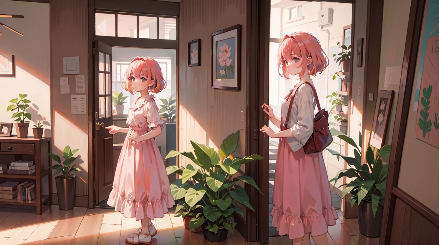 (Masterpiece), Best quality, Ultra-high resolution, detailed structure, Detailed architecture, (Warm pastel colors), indoor，A girl with pink hair stands shyly outside the door，Behind is the living room, plant, Stamens, indoor。Entrance