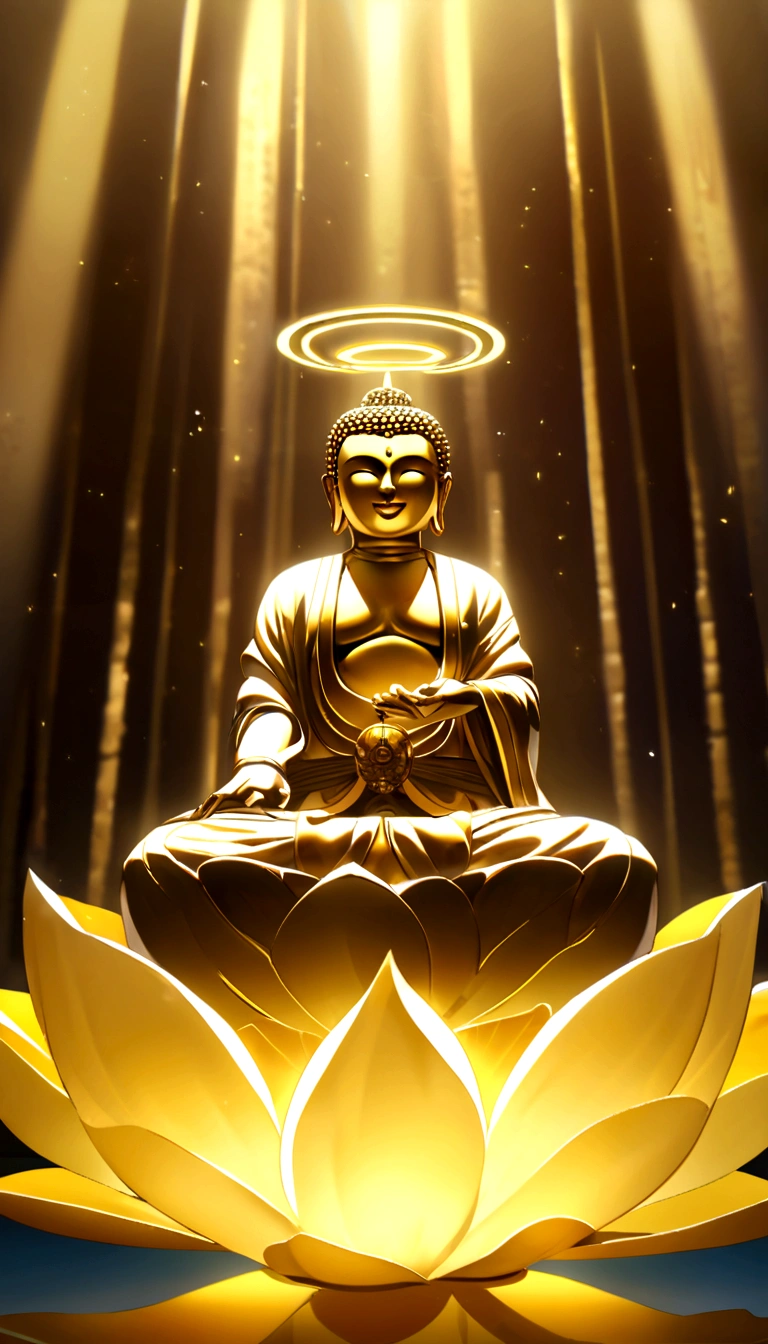 (Buddha sitting on a lotus, With a kind smile, Golden light shining behind, Halo of Protection)