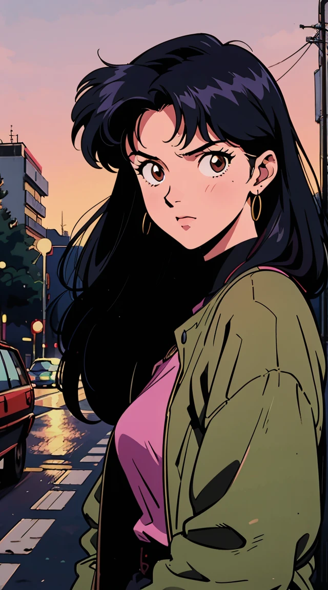 Highest image quality, 90s style anime, 24 year old girl, Misato Katsuragi Style, black hair, shoulder-length hair, brown eyes, with a , night street, 90s street