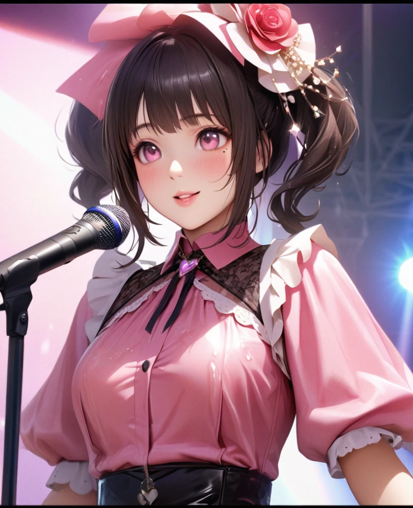 One Girl、Looking at the audience、lovely,
Beautiful pink eyes、short twin tail hair , Mole under the eye、Plump and glossy lips、Heart-shaped choca、Idol、Her name is Rico,smile、ー、。.。.。.。.。.。.。.。.。.。.。.。.。.。.。.。.。.。.3D、Realistic、
The idol's costume was soaked in the heavy rain, and her chest was wet and transparent.Heavy rain at outdoor concert, Drape clothes、gem、The decoration has been removed、Floral、Lace trim,On a glittering stage、
masterpiece、highest quality、8k、Detailed skin texture、Detailed cloth texture、Beautifully detailed face、Intricate details、Very detailed、
超A high resolution、8k Ultra HD、Film Grain、Best Shadow、delicate、Gazing at the audience、front