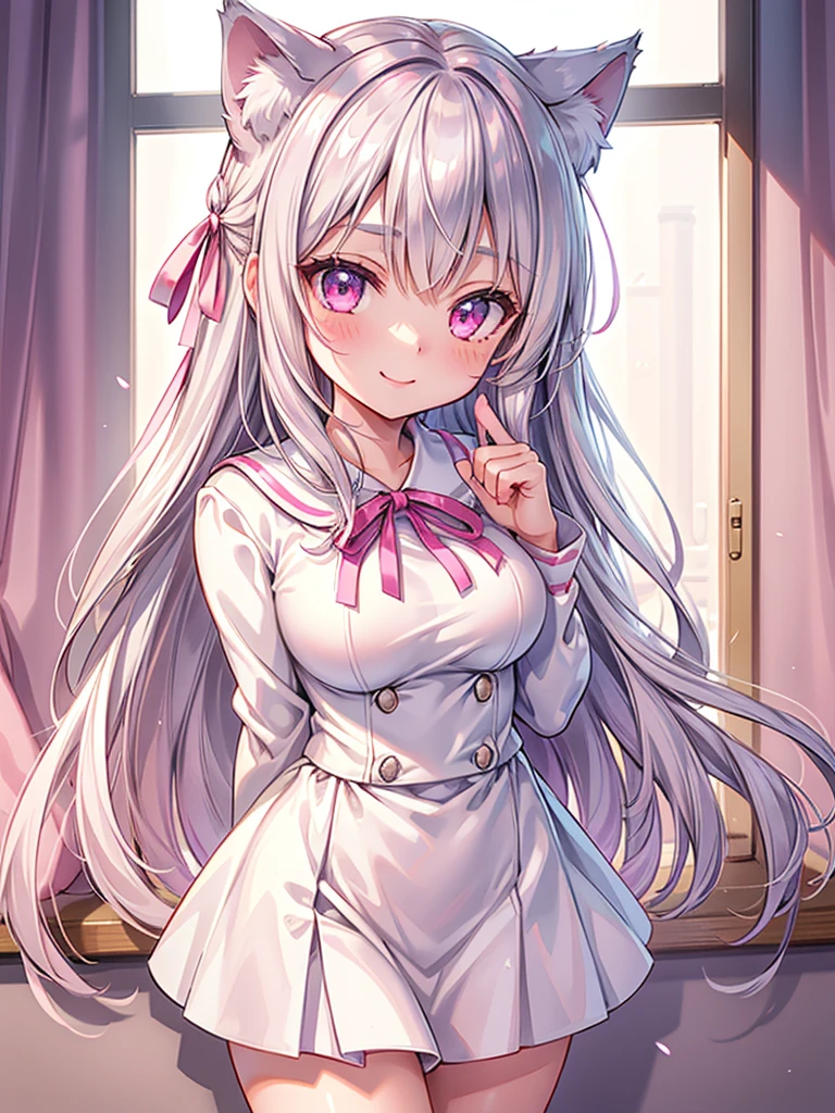 Highly detailed face,fine grain,Highlighted eyes, medium breasts ,pretty girl, smile shyly,Cat ear,Beautiful silver hair,Pink inside,Beautiful pink eyes,shiny skin, beautiful shadow,White sailor uniform,ribbon, I want to send a letter to you