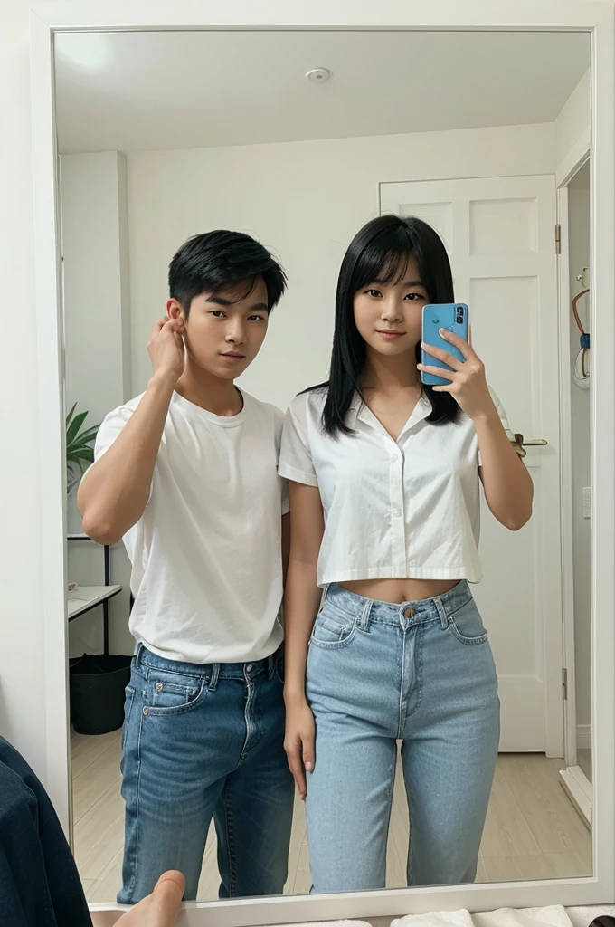 asian blonde girl with white shirt and blue jans picture with an asian boy with a black hair and a white shirt and blue jeans taking selfie in mirror 