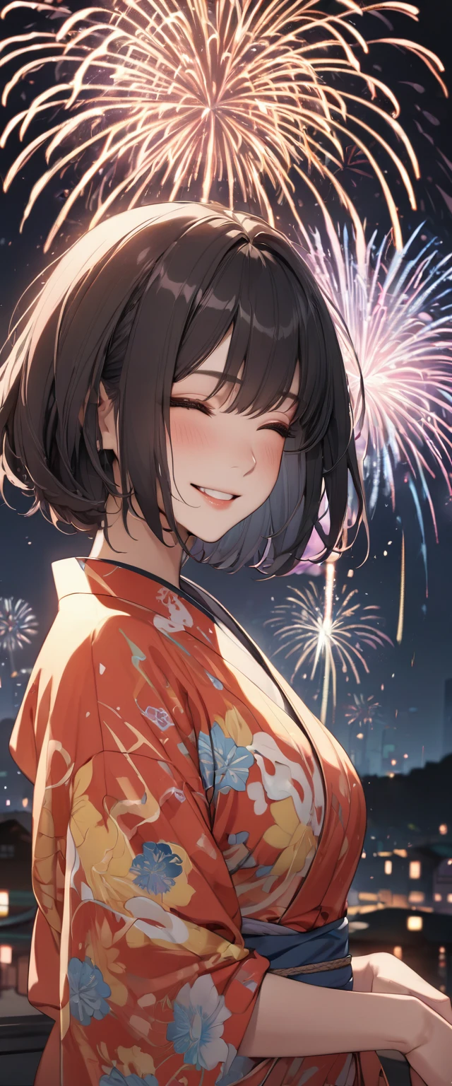 (Absurd resolution:1.8)、(High resolution:1.4)、(masterpiece:1.4)、(Super detailed:1.3)、(1 female:1.3)、(solo:1.4)、firework、Short Bob、Black Short Bob、kimono、Look forward、close your eyes、smile、Shinkai Makoto's Wind of Light、Close-up of face、Ultra-fine illustration、Vibrant colors、Cinematic Light、Exciting light production、Intricate details、Big armpit chest、Hairpin、kimono、happiness、smile、View from below、Japanese sparklers。