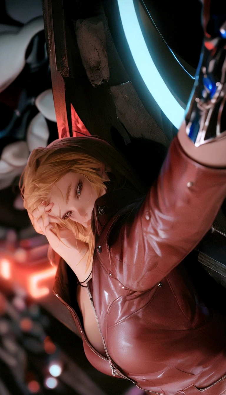 Blonde woman in leather jacket leaning on a wall with a neon light, Kristanna Loken, fatalidad cara hermosa,