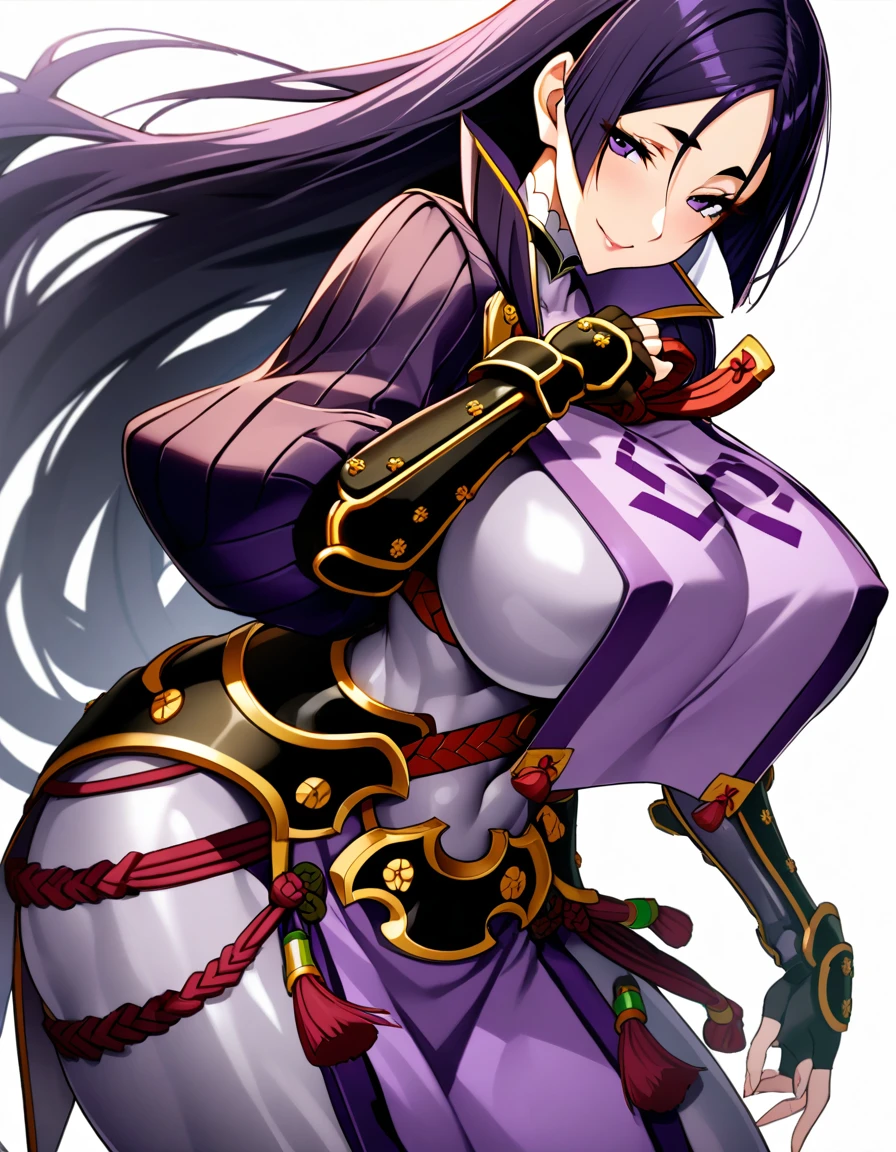 1girl,solo,perfect,high quality,faultless,
raikou, raikou, parted bangs, purple eyes, purple hair, long hair, hime cut, forehead, mature female,
arm guards, armor, black gloves, bodysuit, fingerless gloves, gloves, japanese armor, kote, loincloth, purple bodysuit, ribbed sleeves, tabard, toned,mother,maternal,maternal instinct,Super huge breasts,whipped thighs,smile,soft expression,full body,looking at viewer,lecherous look,sexual eye contact,SFW,white background