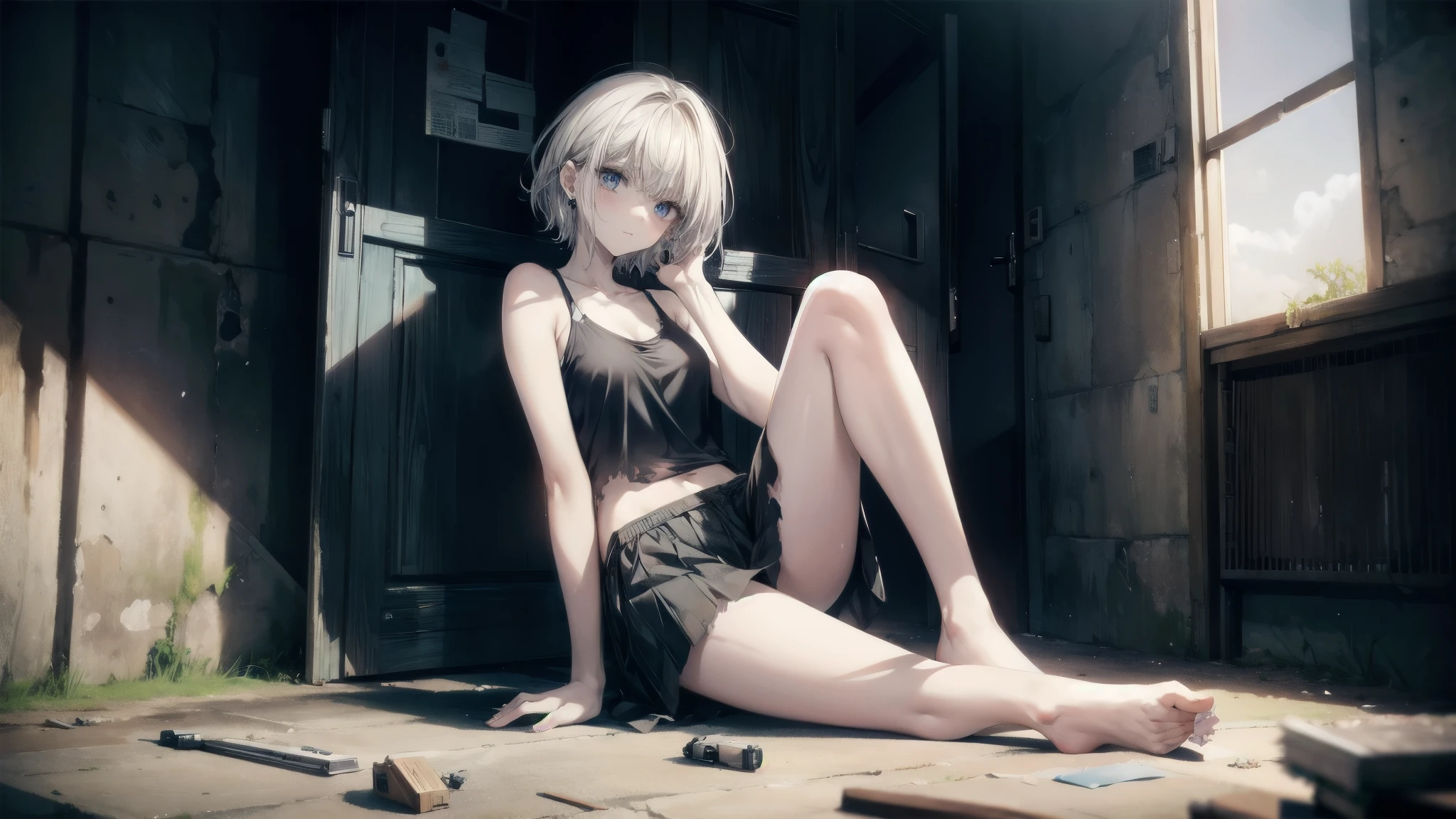 (Torn clothes), Tank top shirt, skirt, Handgun, ruins, Absurd, RAW Photos, Very delicate and beautiful, masterpiece, Highest quality, Ultra-high resolution, 32K, Surreal, Very detailed, Detailed Description, Pale skin, 20-year-old, Tearful mole, Earrings, Short Medium Hair, Wavy Hair, Full Body Shot, 