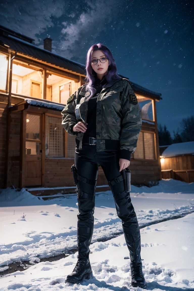 1 girl, beautiful purple hair, blue eyes detailed, wearing glasses, wearing military tactical gear, black military jacket, black military pants, plack military boots, winter, night, snow, realistic, ultra-detailed, HDR, 4k, full body, realistic lighting and contrast, smoking while looking at the sky