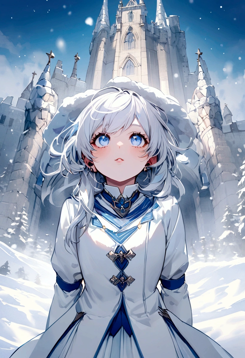 Noble boy with short white hair, piercing blue eyes, wearing white clothes with blue stripes, looking up in winter and castle background
